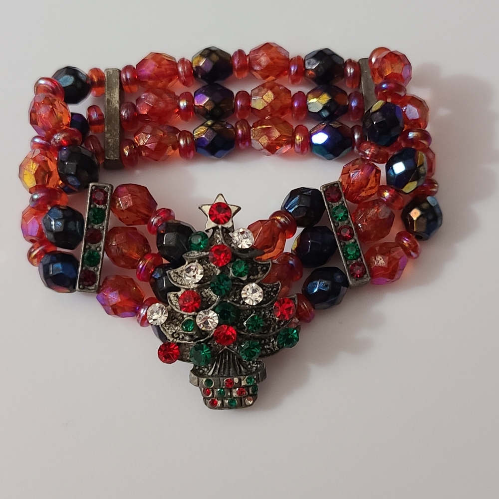 Vintage Christmas Tree Bracelet Beaded Rhinestones Glass Crystal Stretchy Sparkl